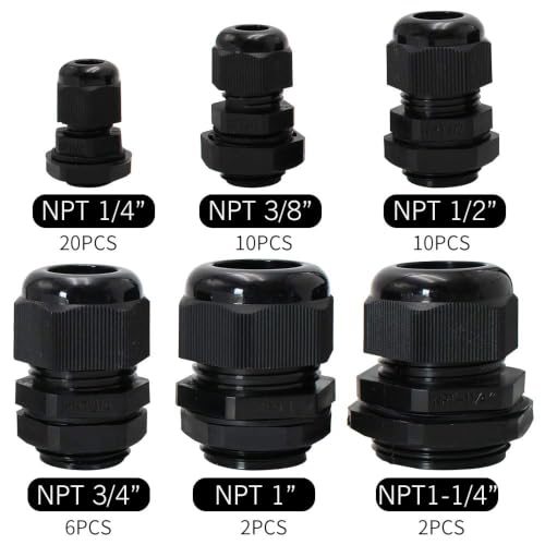 MAKERELE 50pcs Waterproof Cable Glands Kit NPT Waterproof Box Black