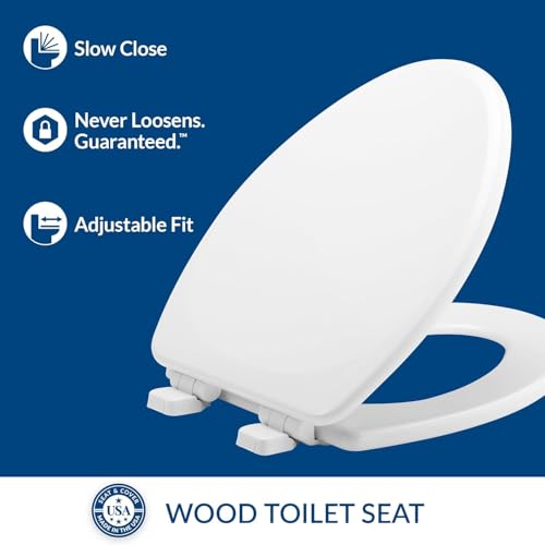 Mayfair Linden Slow Close Elongated Toilet Seat - Heavy Duty Wood, White, Easy Install