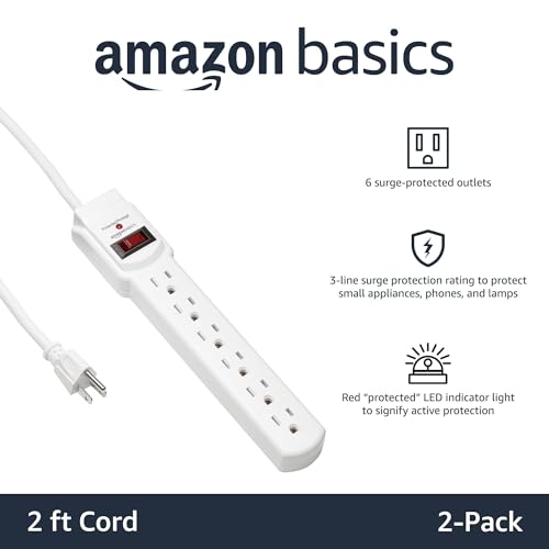 Amazon Basics 6-Outlet Surge Protector Power Strip 200J, 2-Pack, White
