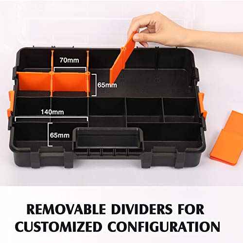 MIXPOWER 15-inch 2pcs Toolbox Organizer Sets, 20 Removable Dividers, Durable Plastic Box, Excellent for Screws, Nuts, Small Parts, 34-Compartment Black/Orange 2 Pieces Set