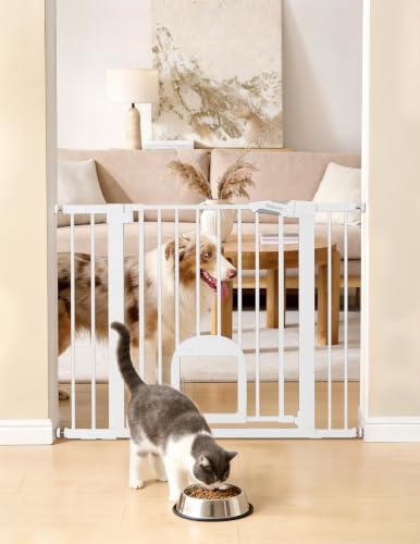 Babelio Adjustable Dog Gate with Cat Door, White, 29-43 inches Wide, 30 inches Tall - No Tools Needed