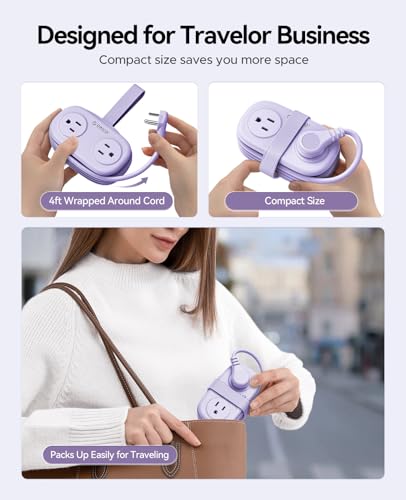 ORICO Purple Travel Power Strip with 4FT Extension Cord, 7-in-1 USB Charging