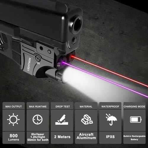 Red Blue Purple Laser Beams with 800 Lumens Flashlight for Pistols, 3 in 1 Laser Light Combo, Tactical USB Rechargeable Laser Sight, Strobe & Steady Flashlight for Picatinny Rail
