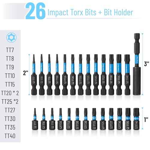 Bates- Impact Torx Bit Set, 27 pcs, 1" and 2" Long, 1/4" Hex Shank TT7-TT40, Security Torx Bit Set, Tamper Proof, Magnetic Holder and Storage Case