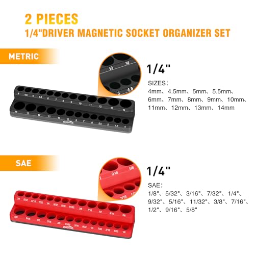 GOOACC 1/4" Magnetic Socket Organizer Tray (2-Pack) Black & Red, Holds 52–53 1/4" Drive Sockets