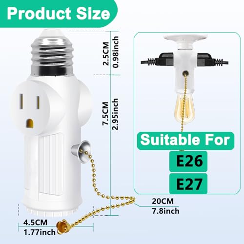 QYKAVM White E26 Light Socket Outlet Adapter with Switch 2 Pack