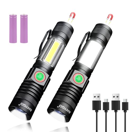 Magnetic Rechargeable Flashlight with Wide-Angle COB Side Light & Super Bright Zoomable Main Light, 4 Mode, USB-C Charging, Secure Magnetic Base for Camping, Emergency, Repairs, 2 Pack
