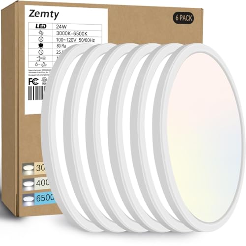 zemty 6-Pack 12-Inch LED Flush Mount Ceiling Lights, 24W, 3200 Lumens, White, Dimmable, Adjustable CCT 3000K-6500K for Home & Kitchen