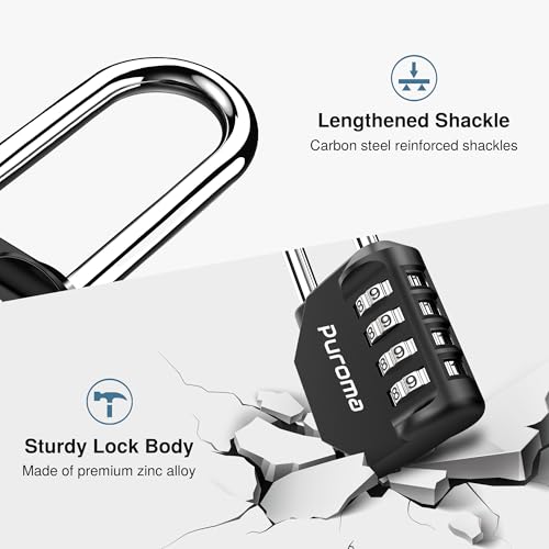 Puroma 2-Pack 4-Digit Combination Padlocks for Gates & Sheds - Black, 2.6 Inch