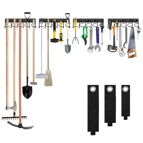 LEYU Metal Garage Tool Organizer Wall Mount, 4 Pack Garden Tool Organizer With Extension Cord Straps, Garage Organization Hooks and Hangers for Shed, Yard Storage, Wall Holder for Hanging Broom Mop