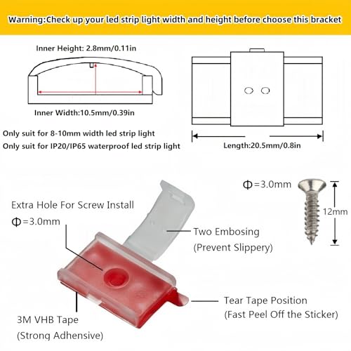 Threetwofour Clear LED Strip Light Mounting Clips Pack of 100 for 8-10mm Strips
