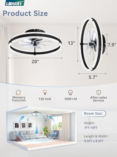 LEDIARY 20-Inch Black Ceiling Fan with Lights, Remote & 6 Speeds - Modern Flush Mount Fan for Bedroom