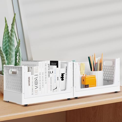 Stackable Storage Bins, Folding Collapsible Closet Organizers and Storage Bins Box, Plastic Shelves Drawer Organizer Container for Closet Office Bedroom Kitchen Bathroom with Wheels, White, 3 Pack