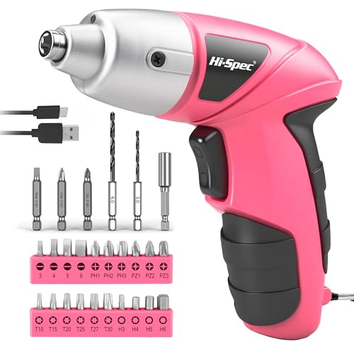 Hi-Spec Pink Mini Electric Screwdriver - Rechargeable Cordless Power Tool with 26 Bits for Home & DIY