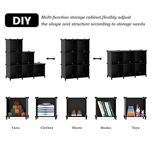 AWTATOS Cube Storage Organizer, Storage Cubes Shelves Bookshelf, 6 Cube Closet Organizers and Storage, DIY Stackable Plastic Clothes Organizer Shelving for Bedroom, Home, Black