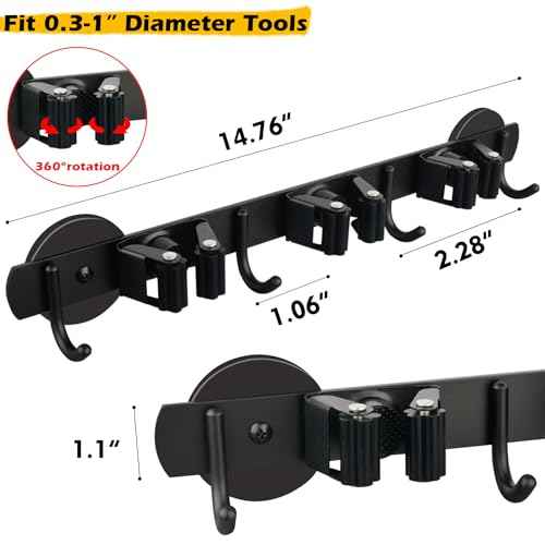 MUTUACTOR Heavy Duty Magnetic Broom Holder, 1PCS Mounting Broom and Mop Hanger, Anti-slip Black Magnetic Tool Holder 3 Slots and 4 Hooks for Fridge, Metal Door, Garage, Work Station