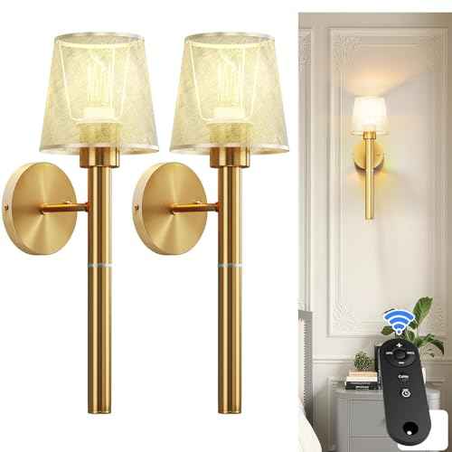 Battery Operated Wall Sconces Set of 2, 5200mAh Gold Rechargeable Wall Lights with 3 Color, Remote Control & Timer Function for Bedroom Living Room Hallway Decor