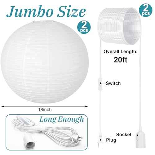 2 Sets Jumbo Paper Lanterns with Lamp Cord Cable White Hanging Paper Lanterns Chinese Japanese Pendant Hanging Lamp for Birthday Wedding Bridal Anniversary Party Decoration (Round, 18 Inch)
