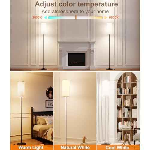 luckystyle Dimmable Floor Standing Tall Lamp, 12W Led Bulb with Lampshade, Foot Switch, Remote Custom Color Temperature Pole for Bedroom, Office, Kids & Living Room, Black