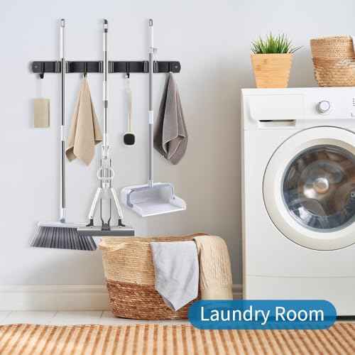 Broom Hanger and Mop Holder, Heavy Duty Garden Tool Organizer Rack Rake and Shovel Handle, Stainless Steel Wall Mounted Utility Rack with Screws (3 Racks with 4 Hooks, Matte Black).