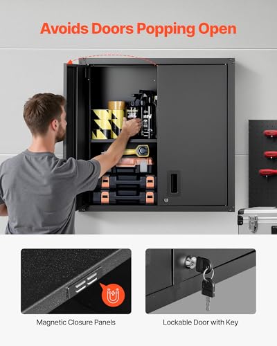 VEVOR Foldable 30in Metal Wall Cabinet with Locking Doors, 4 Adjustable Shelves – Black, 30W x 12.2D x 30H, Garage/Shop