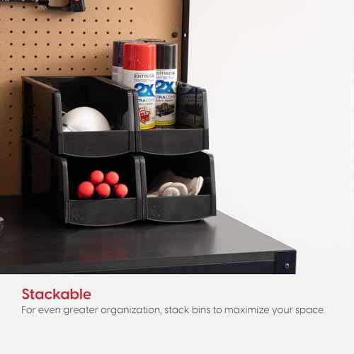 IRIS USA Medium Stackable Storage Bins, 8-Pack, 11"L x 6"W x 5"H, |Made in USA|, Plastic Open Front Shelf Bin for Organizing Parts, Hardware, Tools, Supplies, Garage Shelf, Pantry - Black