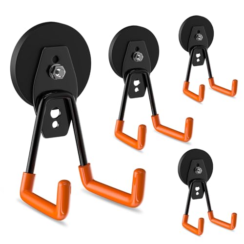ENUODA Strong Magnetic Hooks Heavy Duty 4 Pack Magnet Garage Hook Heavy Duty Rare Earth Magnets Utility Storage Hooks for Hanging Ladder, Power Tool, Toolbox, Shovel, Broom, Extension Cord