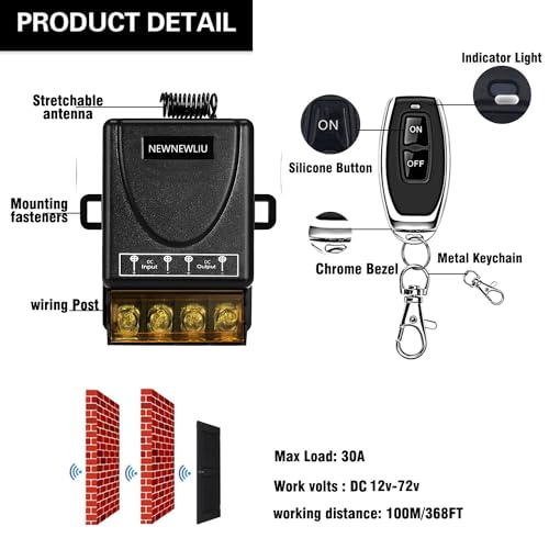 NEWNEWLIU 12V-72V Wireless Remote Switch with 30A Relay for High-Power Devices
