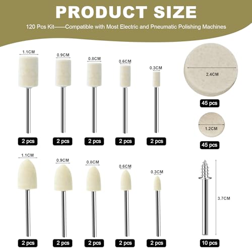 120PCS Polishing Buffing Wheels for Dremel Tool Accessories, 1/8" Shank Rotary Polishing Kit for Metal, Jewelry, Wood, Watches, Plastic, Glass & DIY Restoration