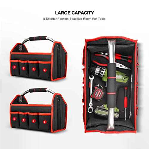 HAUTMEC 13 Inch Tool Bag, Foldable Open Top Tool Tote with Stiff Frame, 8 Pockets, Water-Resistant Molded Base & Padded Handle, Portable Electrician Tool Organizer for DIY & Jobsite Use ? TB0001