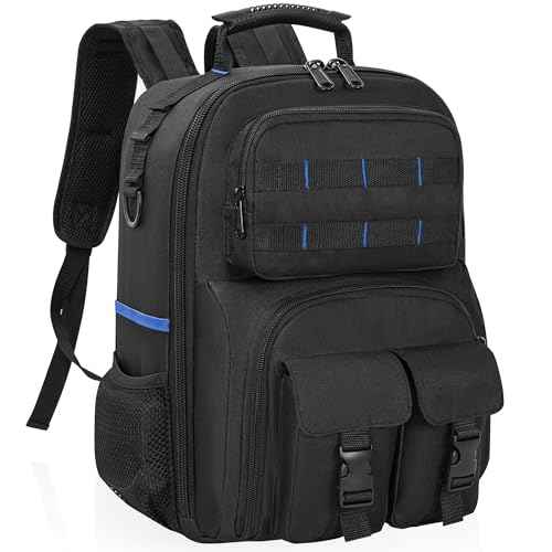 Tool Backpack, Heavy Duty Tool Bag with Padded Shoulder and Removable Tool Organizer, Water-Resistant Work Backpack, for Electrician, Plumber, HVAC, Cable Repairman, Black & Blue
