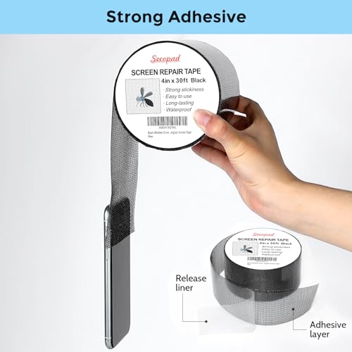 Secopad 4in x 30ft Screen Repair Tape - Black Fiberglass Mesh Repair Kit
