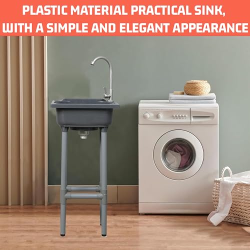 Gray Freestanding Utility Sink with Faucet Hole - Kitchen & Laundry Use