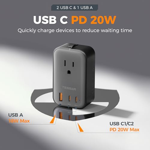 TESSAN Travel Adapter 009 Black Silver, 20W USB C & A Power Charger