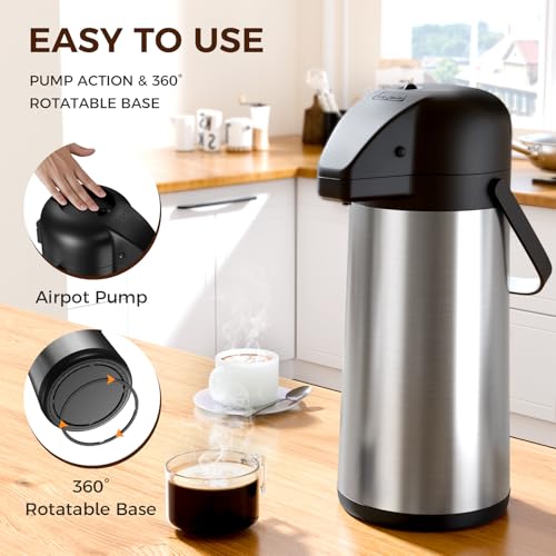 Gezoss 102oz/3L Stainless Steel Airpot Coffee Carafe with Pump, 304 Food-Grade Insulated