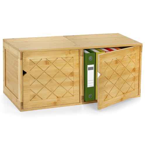 Fasmov Cube Storage Organizer, Bamboo Cube Bookshelf, Stackable Connect Storage Cube Cubby Organizer with Door, Stackable Cubes Bin for Bedroom, Home and Office