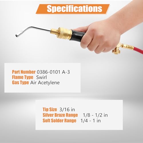 0386-0101 A-3 3/16" Air Acetylene Tip for Torch G-4 or PLF-A5 Handles, Soft Solder 1/4" to 1", Silver Braze 1/8" to 1/2", Manual Lighting, Quick Connect, Removable Orifice Screw