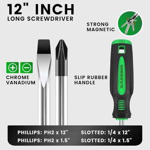4-Piece 12" Long Screwdriver Set Slotted and Phillips, Long & Short Magnetic Screwdriver Set