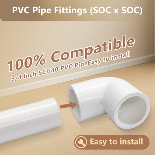 Lesso 10 Pack 3/4 Inch 2-Way 90 Degree PVC Elbow Fittings for Plumbing & DIY Projects