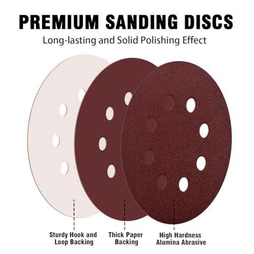 52 Pack 5 Inch 8-Hole Hook and Loop Sanding Discs Sandpaper Red Round 120 Grit Sandpaper for Random Orbital Sander