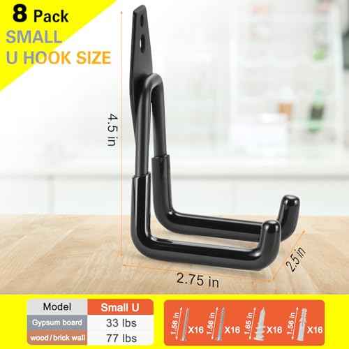 8 Pack Heavy Duty Garage Hooks Storage Organizer Wall Mount Power and Garden Tool Hangers, for Hanging Ladders, Ropes, Hose, Bulk Items