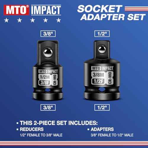 MTO 2-Piece Impact Socket Adapter and Reducer Set, 1/2" Female to 3/8" Male Reducer, 3/8¡± Female to 1/2¡± Male Adapter, Chrome Molybdenum Alloy Steel