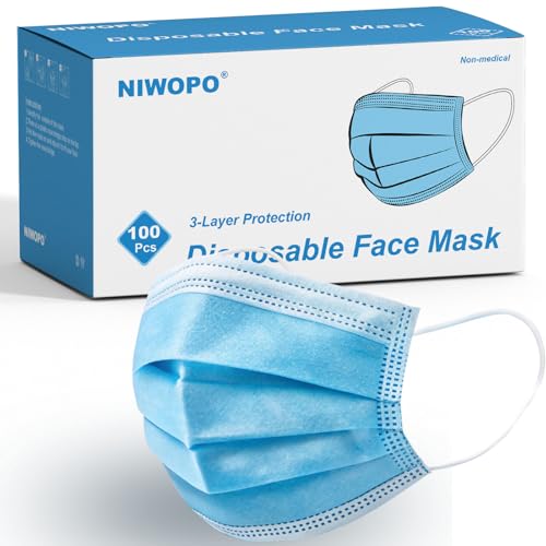 Blue Disposable Face Masks 100 Pack - 3 Ply Breathable Filter with Adjustable Nose Clip & Soft Elastic Loops