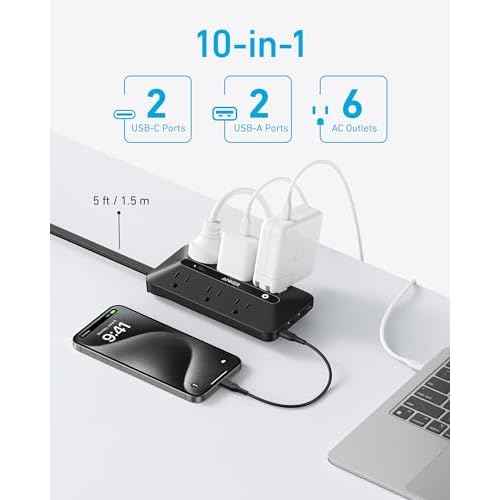 Anker 300J Flat Plug 10-in-1 Ultra Thin Power Strip with 6 AC, 2 USB-A & 2 USB-C Ports, Extension Cord, Desk Charging Station for Home, Office, College, Dorm, 5 Feet, Black