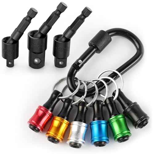 Katerk 1/4 Bit Holder Key Chain Cool Gadgets, Drill Bit Holder for Impact Driver, w/Impact Socket Adapter for Drills, 360¡Æ Rotatable and Hex 1/4" 3/8" 1/2" Drill Socket Adapter for Automotive DIY
