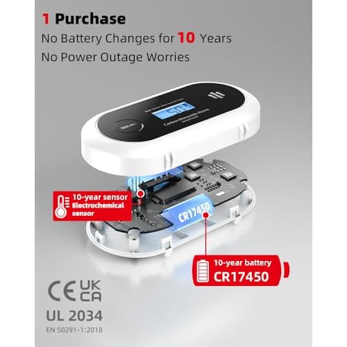 10-Year Battery Carbon Monoxide Detector, Portable Travel CO Detector Alarm for Home, Garage, RV, Camping, LCD Display with Backlight, V-0 Flame-Retardant Housing, Wall Mount or Tabletop