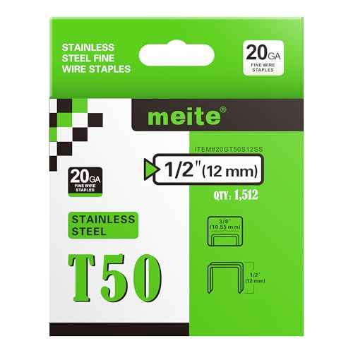meite T50 Stainless Steel Staples Marine, 1/2 Inch Heavy Duty Staples for Staple Gun - 1512 Counts, 20 Gauge 3/8 Inch Crown T50 Upholstery Staple for Marine Applications