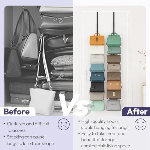 Black Over the Door Purse Organizer with 8 Hooks - 2 Pack Wall Mount Handbag Storage