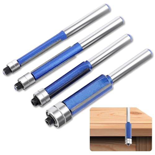 4 Pcs Flush Trim Router Bit Set, 1/4" Shank, Top Bearing, Includes 5/16", 3/8", 1/2" Diameters ? High-Value Router Bits for DIY and Professional Woodworking
