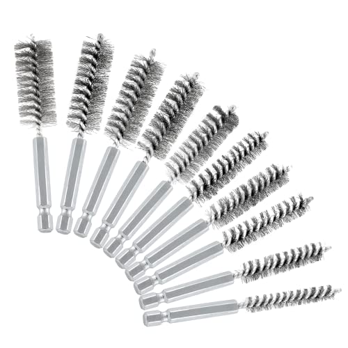 10 Pcs Stainless Steel Wire Brush Set, Bore Brush Set with 1/4 Inch Hex Shank, Power Drill Attachments for Rust Polish & Tube Cleaning (8/10/11/12/13/15/16/17/18/19mm)